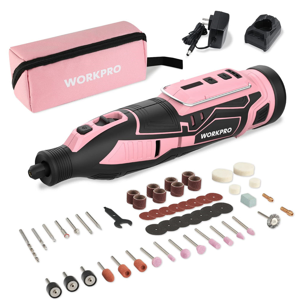 WORKPRO Pink 12V Cordless Rotary Tool Kit, 5 Variable Speeds, Powerfu